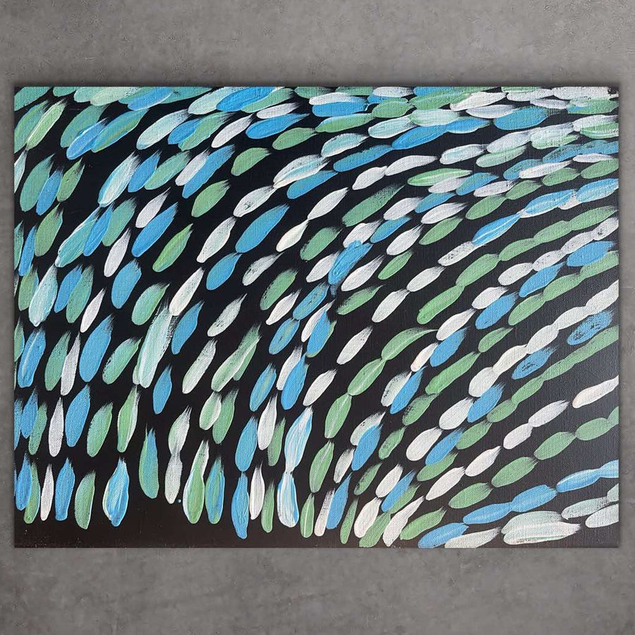 "Bush Medicine Leaves" original Aboriginal painting by Gloria Petyarre (Pitjara), 40cm x 30cm - authentic Indigenous Australian artwork