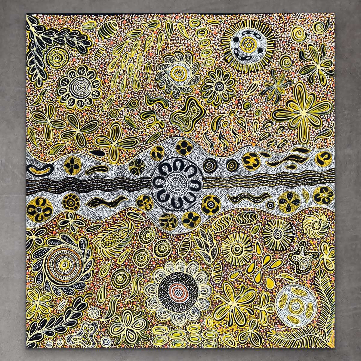 "Desert Flowers" original Aboriginal painting by Bernadine Johnson Kemarre, 86cm x 90cm - authentic Indigenous Australian artwork