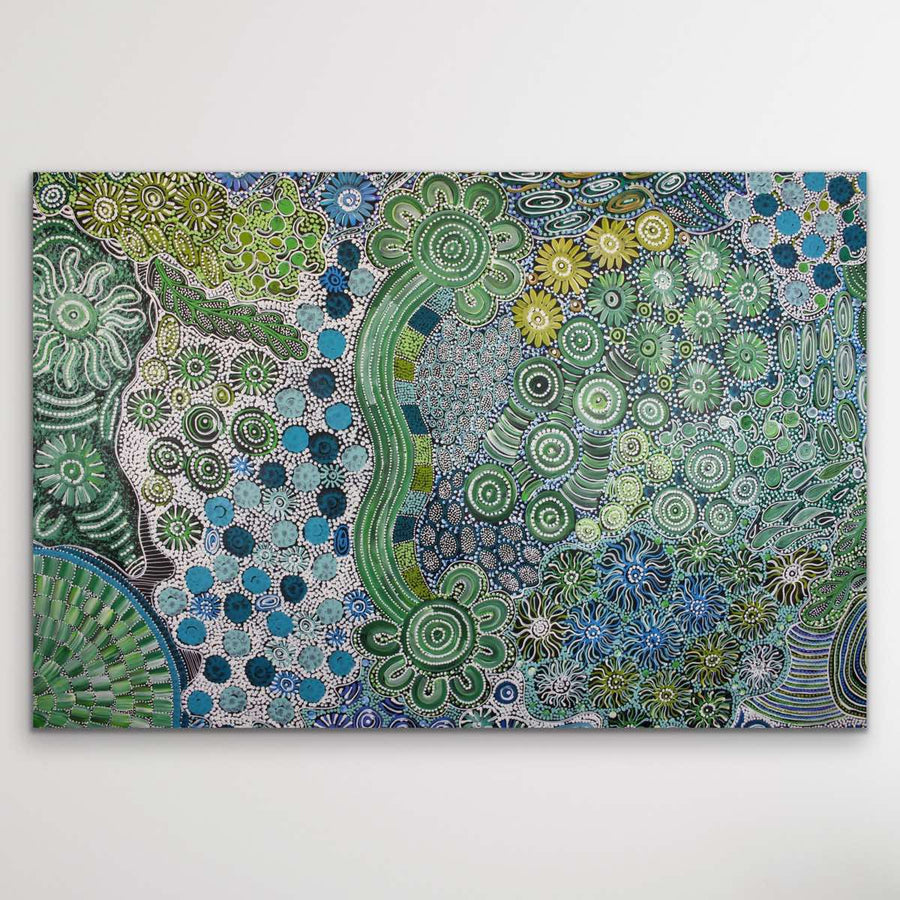 "Green Bush Flowers" original Aboriginal painting by Print - authentic Indigenous Australian artwork