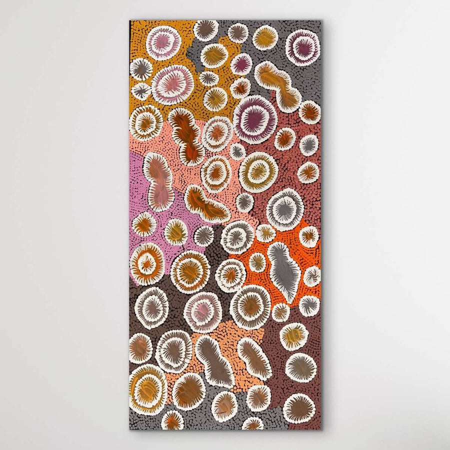 "Bush Banana Dreaming" original Aboriginal painting by Nola Napangardi Fisher, 95cm x 44cm - authentic Indigenous Australian artwork
