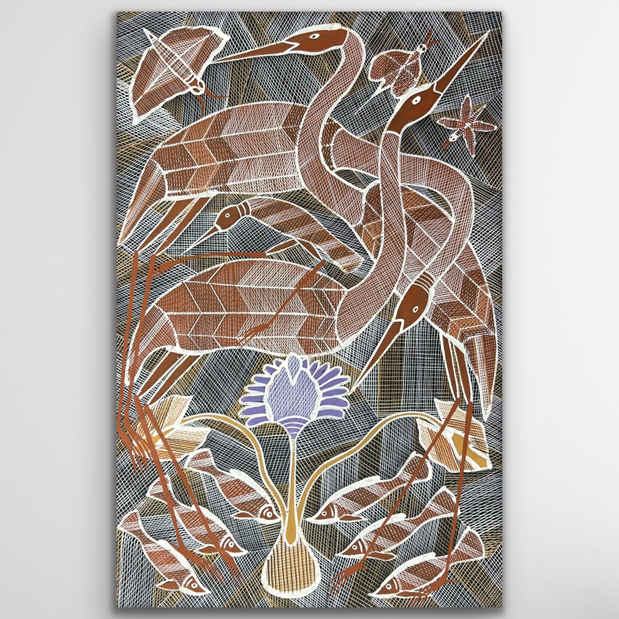 "Brolga Dreaming" original Aboriginal painting by Eddie Blitner, 88cm x 58cm - authentic Indigenous Australian artwork