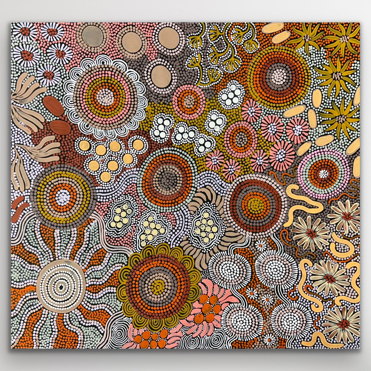 "Budgerigar and Bush Tucker Story" original Aboriginal painting by Julieanne Nungurrayi Turner, 81cm x 75cm - authentic Indigenous Australian artwork