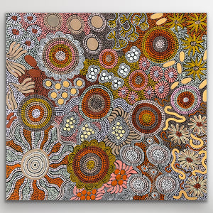 "Budgerigar and Bush Tucker Story" Julieanne Nungurrayi Turner 81cm x 75cm