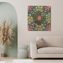 Load image into Gallery viewer, Bush Medicine Leaves and Bush Flower by Joylene Pope, 93cm x 87cm. Authentic Aboriginal artwork from Central Australia featuring vibrant bush medicine leaves and native wildflowers.
