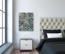 Load image into Gallery viewer, Modern bedroom with a tufted headboard, Aboriginal painting, and nightstand.
