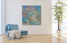 Load image into Gallery viewer, dot time painting on a wall above a blue armchair in a modern living room.
