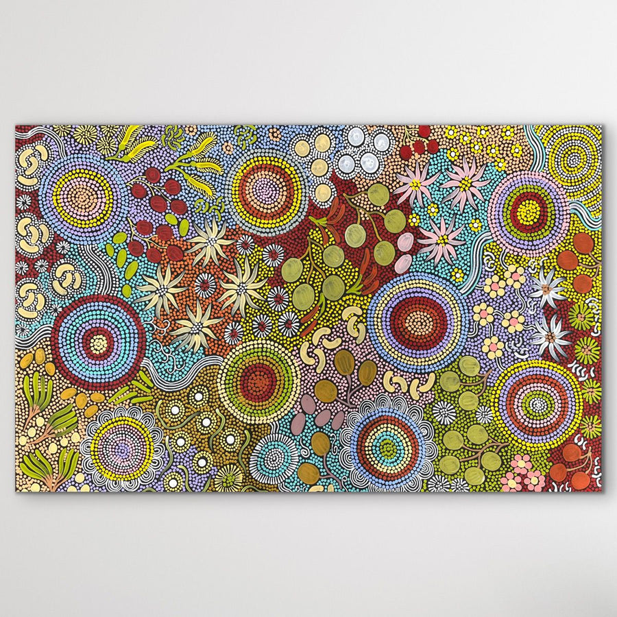 Colourful Aboriginal artwork with circular budgie besting and floral elements on a white background 