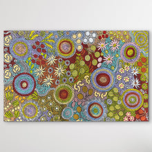 Load image into Gallery viewer, Colourful Aboriginal artwork with circular budgie besting and floral elements on a white background 

