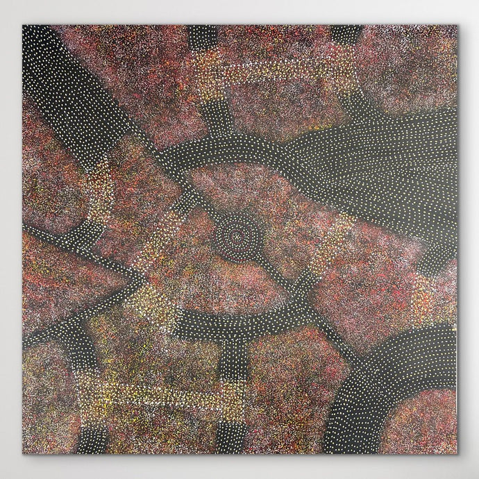 Detailed dot painting from Utopia Australia with oranges, browns and reds
