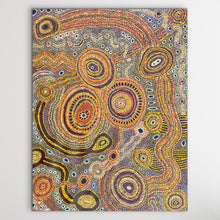Load image into Gallery viewer, Full view of "Tjukula MunuNguru (Places and Waterholes)" Audrey Brumby 110cm x 84cm brown yellow reds orange grey
