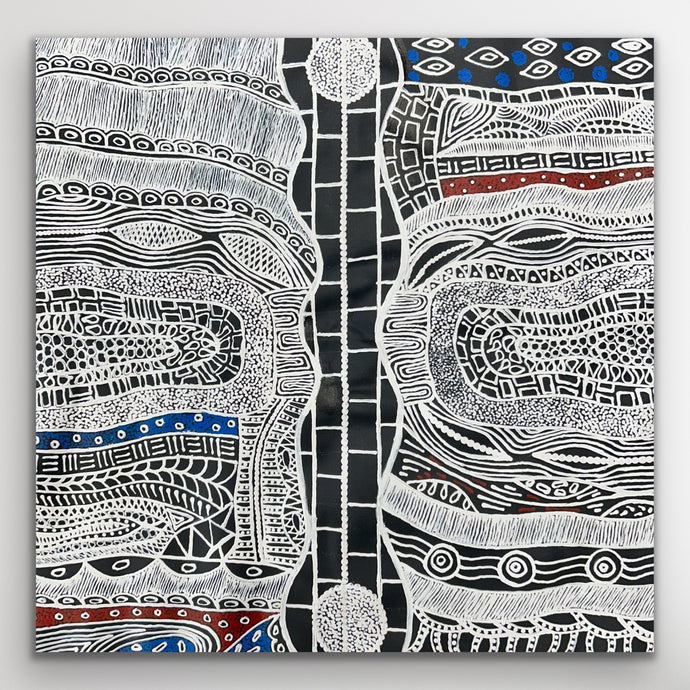 Mina Mina Dreaming Aboriginal painting by Alice Granites Napanangka with cultural storytelling and ochre tones.
