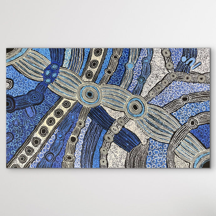 Blue and white Minma Malilu dreaming story apy lands artist full painting medium large artwork