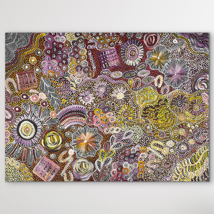 Authentic Aboriginal art from Utopia region for sale in Adelaide "Bush Yam Dreaming" Katrina Bird 95cm x 122cm