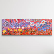 Load image into Gallery viewer, Full view of Rhoda Tjitayi’s Pututju (Anumara Tjukurrpa / Caterpillar Dreaming) Aboriginal Australian artwork, a 115cm x 40cm vertical painting with vibrant red, blue, purple, orange and yellow patterns.
