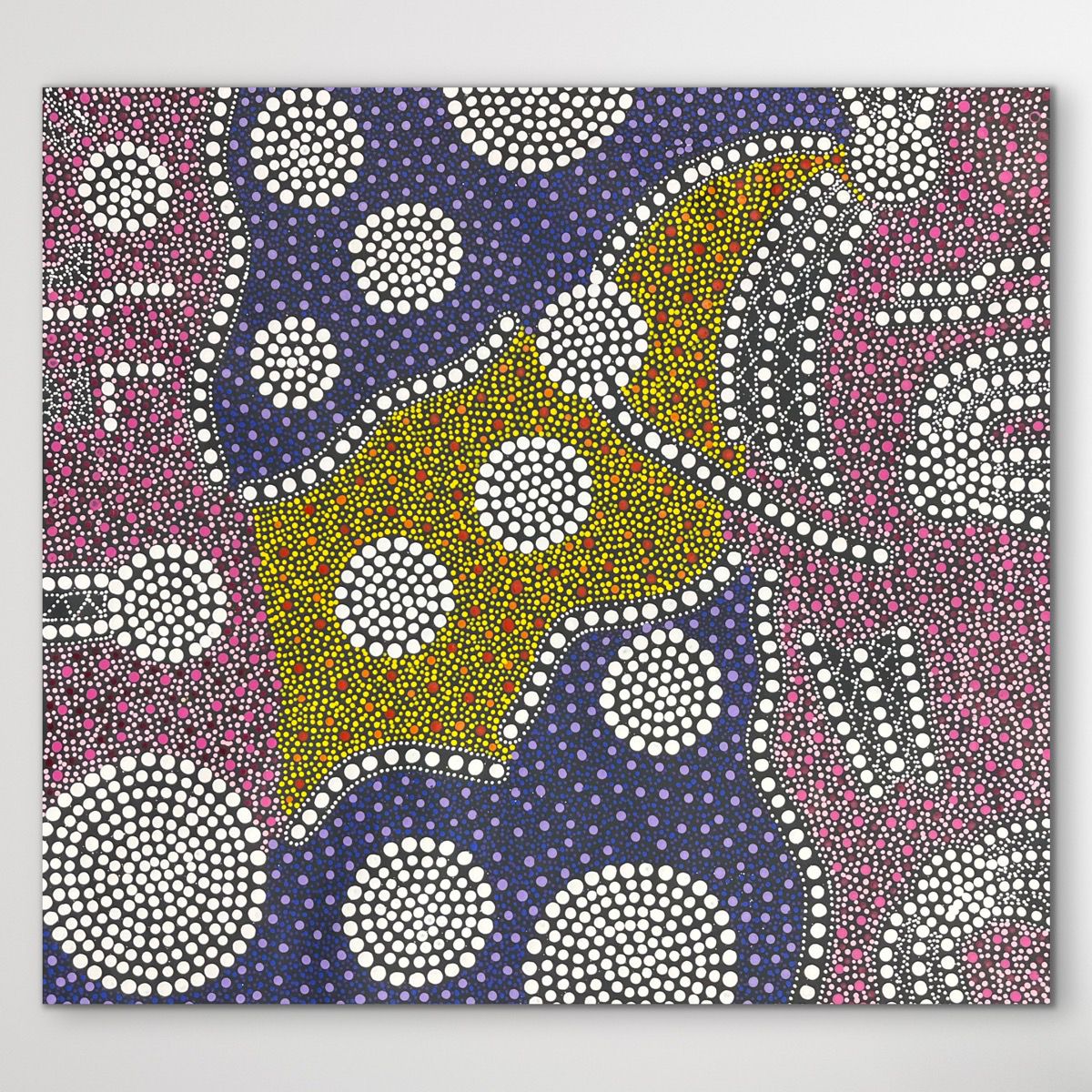 Colorful Aboriginal dot pattern with bush onion on square canvas