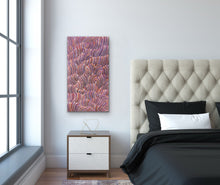 Load image into Gallery viewer, Modern bedroom with a tufted headboard, colorful sand dunes painting, and wooden nightstand.
