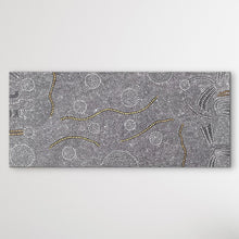 Load image into Gallery viewer, Aboriginal artist Nancy Martin Napangarti,  Central Desert,  201cm x 88cm &quot;Bush Onion&quot; black, white gold Aboriginal painting shown horizontal on white wall
