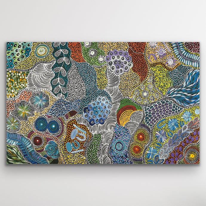 Detailed view of My Country Utopia by Janet Golder Kngwarreye contemporary Aboriginal art reflecting Utopia country