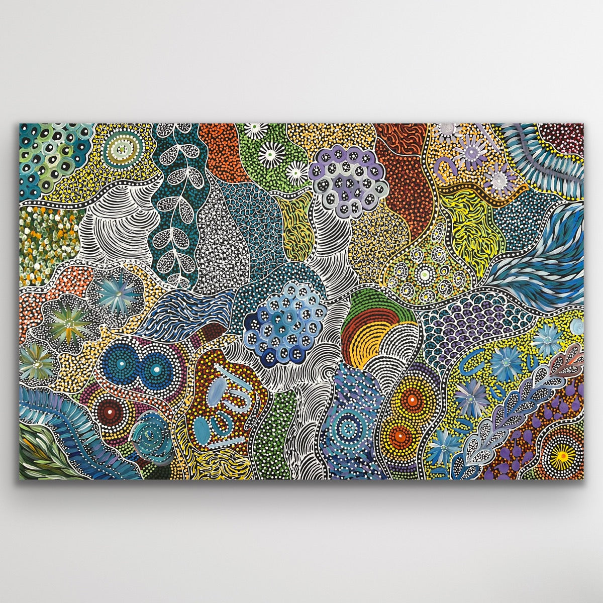 Detailed view of My Country Utopia by Janet Golder Kngwarreye contemporary Aboriginal art reflecting Utopia country