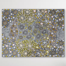 Load image into Gallery viewer, "My Country" Rochelle Bird Mbitjana 120cm x 92cm Authentic Aboriginal painting with yellows and cream colours, birds eye view of Utopia
