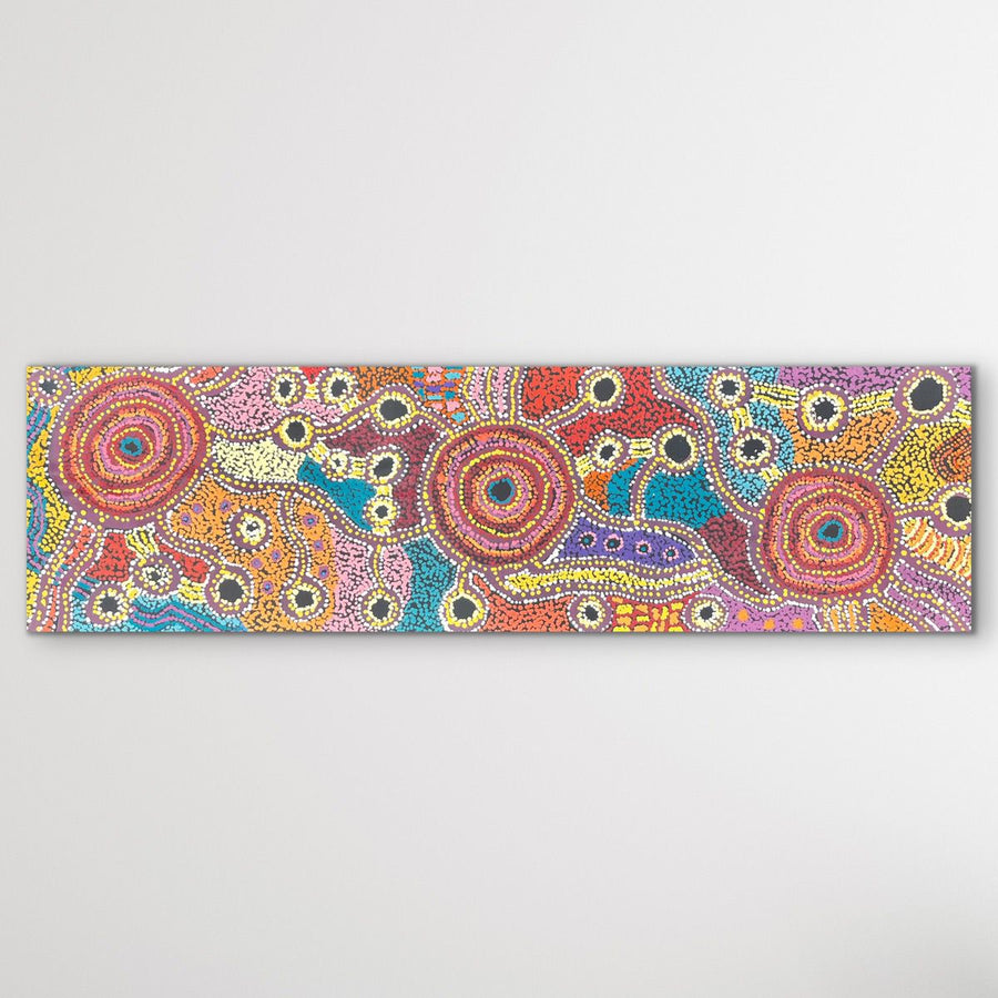 "Nguru Minyma Kutjara" original Aboriginal painting by Daisybell Kulyuru, 122cm x 36cm - authentic Indigenous Australian artwork