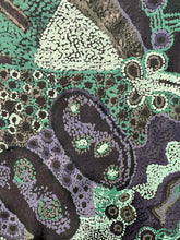 Load image into Gallery viewer, Close-up of a Indigenous painting with green, purple, and brown patterns
