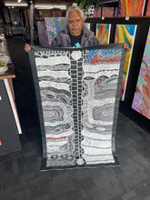 Load image into Gallery viewer, Artist photo Alice Granites Napanangka &quot;Mina Mina Dreaming&quot; painting, 144x88cm, depicting ancestral women, sand dunes, and snakevine at Lake Mackay

