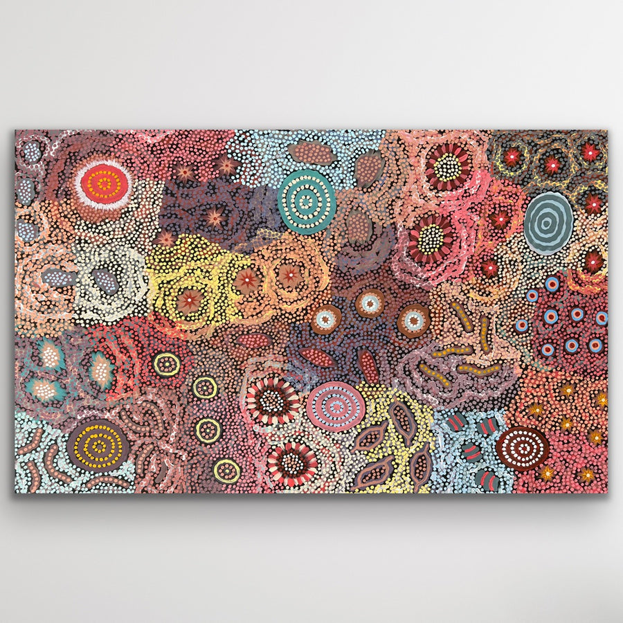 Grandmother's Country Aboriginal artwork by Michelle Possum Nungurrayi showing sacred sites and country in vivid colour