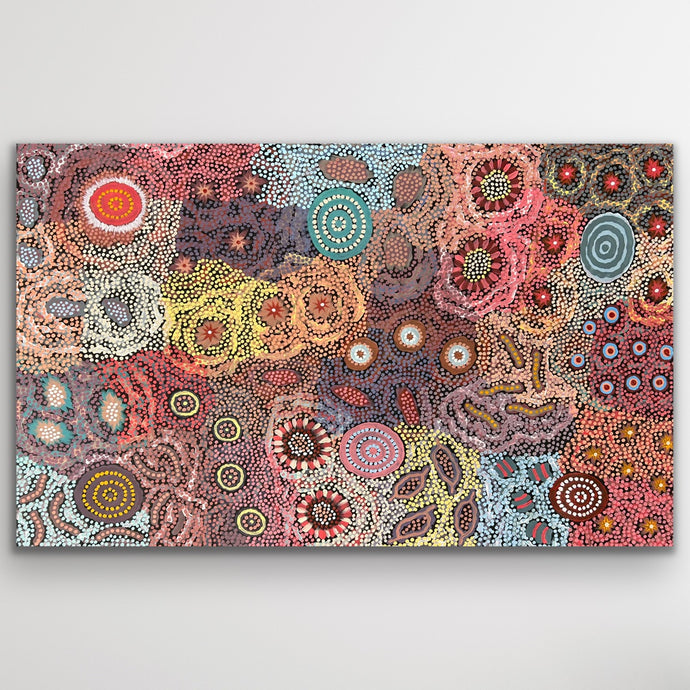 Grandmother's Country Aboriginal artwork by Michelle Possum Nungurrayi showing sacred sites and country in vivid colour