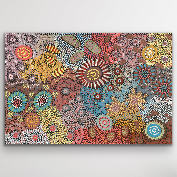 A radiant composition by Michelle Possum Nungurrayi filled with intricate dot work and vibrant desert tones.