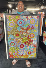 Load image into Gallery viewer, "Budgerigar Dreaming and Bush Tucker" Julieanne Nungurrayi Turner 113cm x 66cm medium sized painting artist photo 

