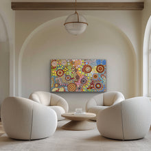 Load image into Gallery viewer, Authentic Aboriginal art Budgerigar Dreaming and Bush Tucker Story by Julieanne Nungarrayi Turner in ochres and vibrant tones.


