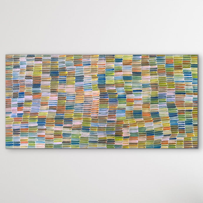 Original Aboriginal art featuring broad brush stroke and dots orange, green, yellow, blue, brown 