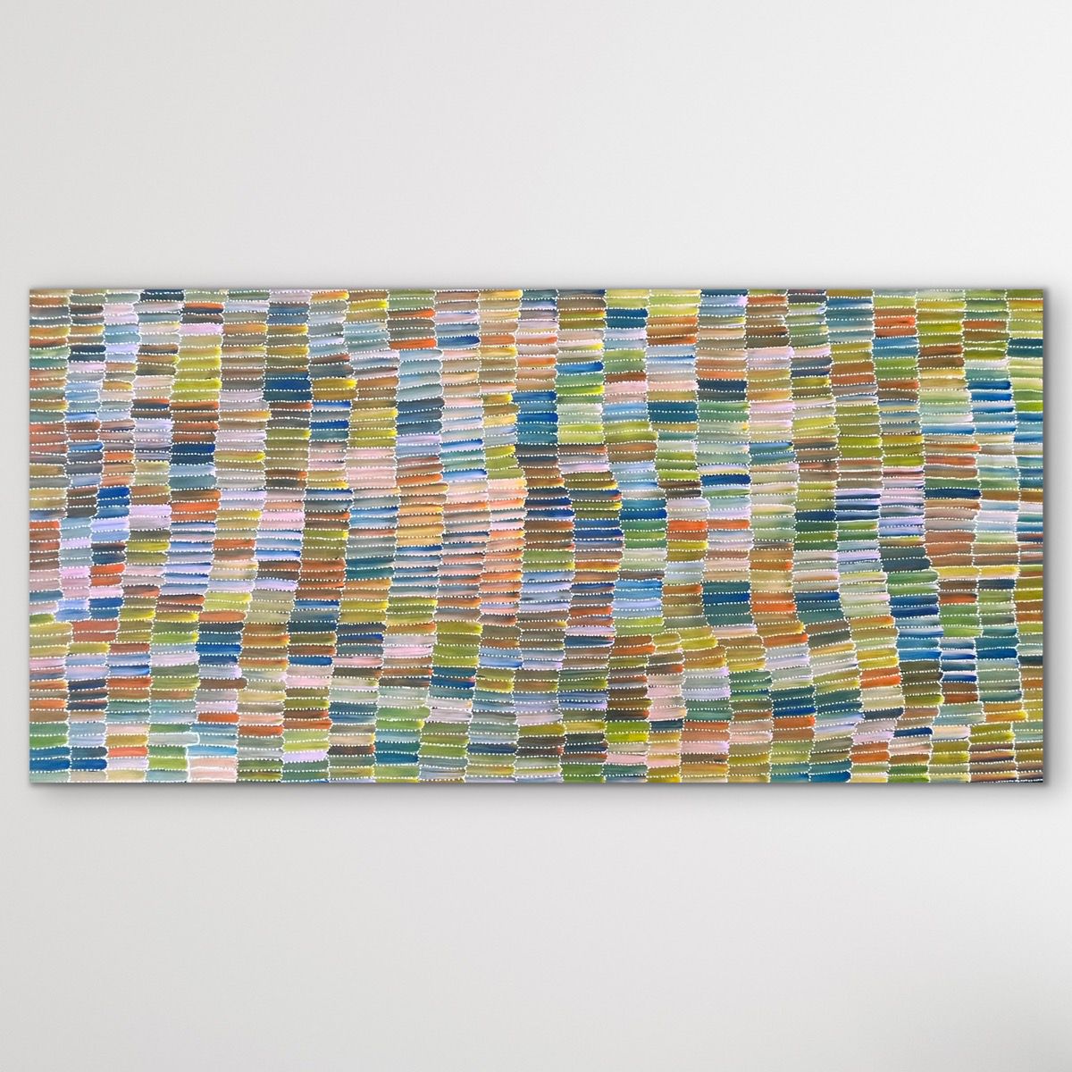 Original Aboriginal art featuring broad brush stroke and dots orange, green, yellow, blue, brown 