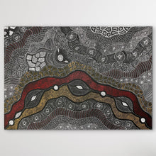 Load image into Gallery viewer, Aboriginal artwork with wavy patterns and geometric shapes on a gray background
