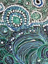 Load image into Gallery viewer, Close up Indigenous art with swirling designs in green, blue, and white.
