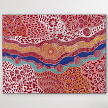 Load image into Gallery viewer, Bernadine Johnson Kemarre red, yellow and blue bush flowers and country landscape medium painting
