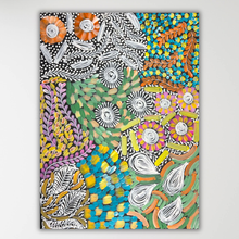 Load image into Gallery viewer, A colorful abstract painting with dense, patterned floral and leaf-like motifs in turquoise, green, orange, purple, pink, yellow, black, and white, shown against a light gray wall.
