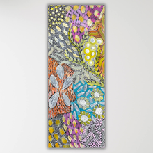 Load image into Gallery viewer, "Awelye" Karen Bird Ngale 98cm x 40cm tall, narrow abstract artwork featuring dense, colorful patterns and organic shapes in purple, yellow, orange, blue, green, black, and white, shown against a light gray background.
