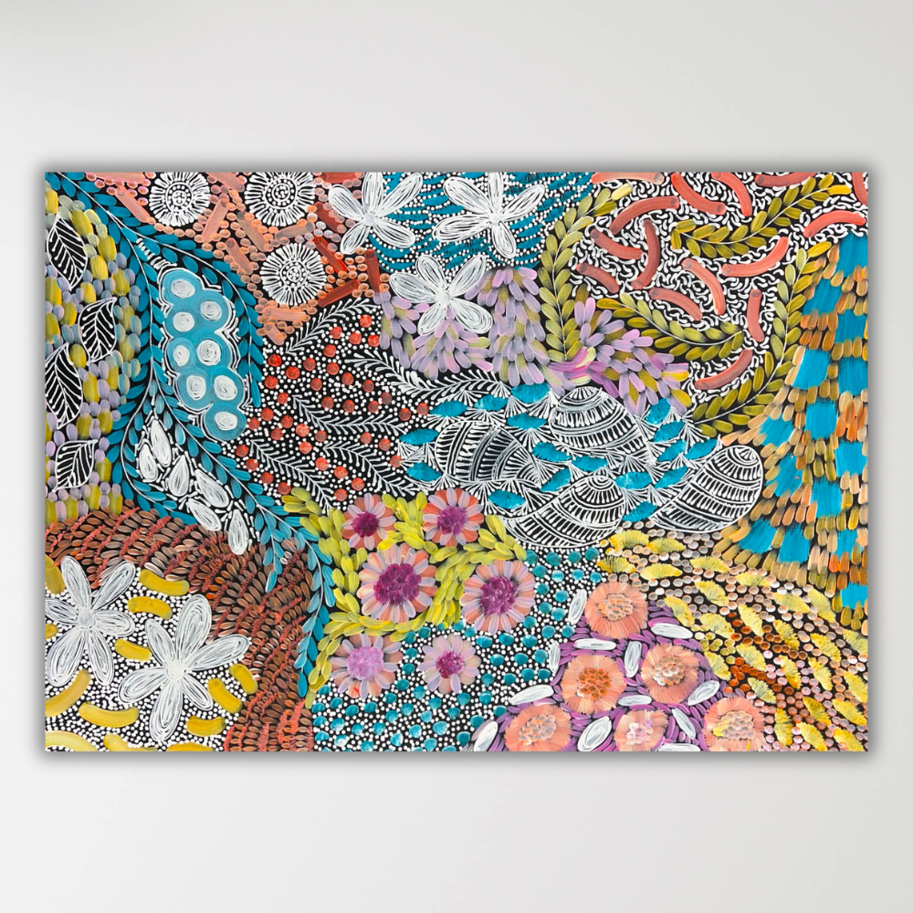 "Awelye" Karen Bird Ngale 98cm x 70cm, patterned design with floral and organic motifs in turquoise, yellow, coral, pink, purple, black, and white, shown against a light gray background.