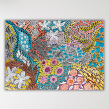 Load image into Gallery viewer, "Awelye" Karen Bird Ngale 98cm x 70cm, patterned design with floral and organic motifs in turquoise, yellow, coral, pink, purple, black, and white, shown against a light gray background.
