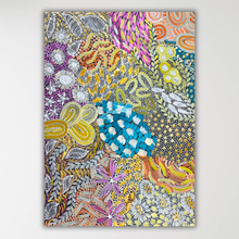 Load image into Gallery viewer, "Awelye" Karen Bird Ngale 98cm x 70cm, colorful abstract floral and organic pattern with swirling lines, dotted textures, and floral motifs in purple, yellow, orange, teal, pink, white, and gray on a light gray background.

