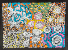 Load image into Gallery viewer, A colorful Aborigina painted artwork on a rectangular canvas, featuring white line-drawn flowers, pink and orange spiral motifs, yellow and orange dots, and turquoise, black, white, pink, and green painted sections on a dark background.
