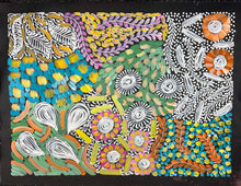 Load image into Gallery viewer, A colorful abstract floral and leaf pattern artwork on a black background, featuring white, orange, yellow, green, pink, and blue painted shapes and textured patterns. "Awelye" Karen Bird Ngale 55cm x 40cm with borders
