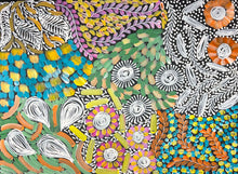 Load image into Gallery viewer, "Awelye" Karen Bird Ngale 55cm x 40cm floral and leaf pattern artwork with textured brushstrokes and dotted details in green, blue, yellow, orange, pink, purple, black, and white.
