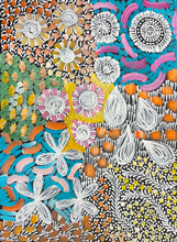 Load image into Gallery viewer, "Awelye" Karen Bird Ngale 55cm x 40cm painting filled with organic floral, paisley, and dot patterns in turquoise, pink, yellow, orange, white, black, and green.
