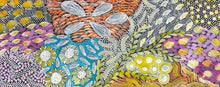 Load image into Gallery viewer, "Awelye" Karen Bird Ngale 98cm x 40cm floral artwork with layered organic shapes, dotted and striped patterns, and a mix of yellow, purple, blue, orange, pink, green, and white tones filling the frame.
