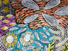 Load image into Gallery viewer, "Awelye" Karen Bird Ngale 98cm x 40cm close-up of a colorful painted artwork with abstract floral and organic motifs. The composition includes turquoise blue, rust orange, purple, yellow-green, white, black, and gray brushstrokes and patterns filling the frame.
