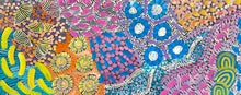 Load image into Gallery viewer, "Awelye" Karen Bird Ngale 98cm x 42cm artwork featuring dense patterns of pink, blue, yellow, purple, orange, black, and white in organic floral and geometric motifs.
