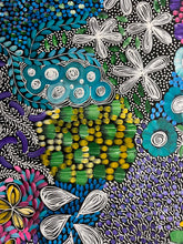 Load image into Gallery viewer, "Awelye" Karen Bird Ngale 99cm x 88cmfeaturing a mix of floral, leaf, and geometric patterns in blue, green, purple, yellow, pink, and white, with a central cluster of green and yellow textured brushstrokes.
